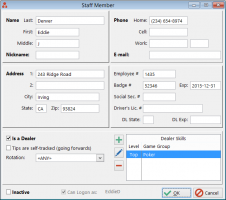 The staff update form lets you enter all the details for each staff member (managers, dealers, etc.). This information is shared across all of our CasinoTools modules.