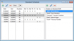 Specify the standard schedule for a typical week, including when the various shifts occur, which dealers work each shift, etc. This standard schedule is used to efficiently populate the actual, booked shifts for the ongoing weeks.