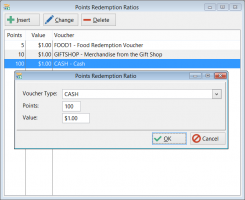 Specify which vouchers may be acquired with loyalty points, along with the redemption ratio of Points-to-Value.