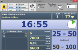 This is the director's view of the tournament clock. The top portion contains controls to start/stop, bust players, manually change levels, etc. You can use an optional remote control to perform various operations without standing in front of the computer.