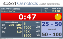This is the player's view of the tournament clock. Note the wealth of information and the easy to read text. The top portion displays banner advertisements, and all colors are fully customizable.