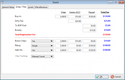 Specify the event fees and chips values, including the buy-in and entry fees, BOP pool amount, bounty, bonus chips, rebuy, and add-on. For each, you can specify the amount assigned to the casino versus the payout.