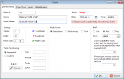 Enter the main event information on a single tab, including name, date, time, tables and seats, plus multi-day and BOP settings.