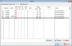 Specify all of the levels of your event, including the duration, game played, and break-time. There are also options for color-up, re-buy and add-on. Configure levels to auto-continue from one to the next, or you can have one pause then wait for the director to proceed.